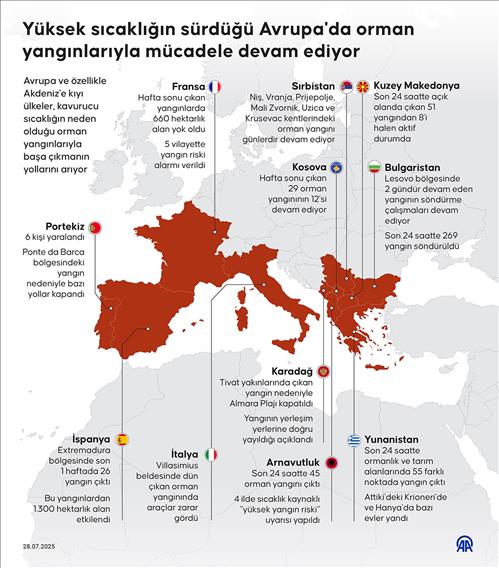 Yüksek sıcaklığın sürdüğü Avrupa'da orman yangınlarıyla mücadele devam ediyor
