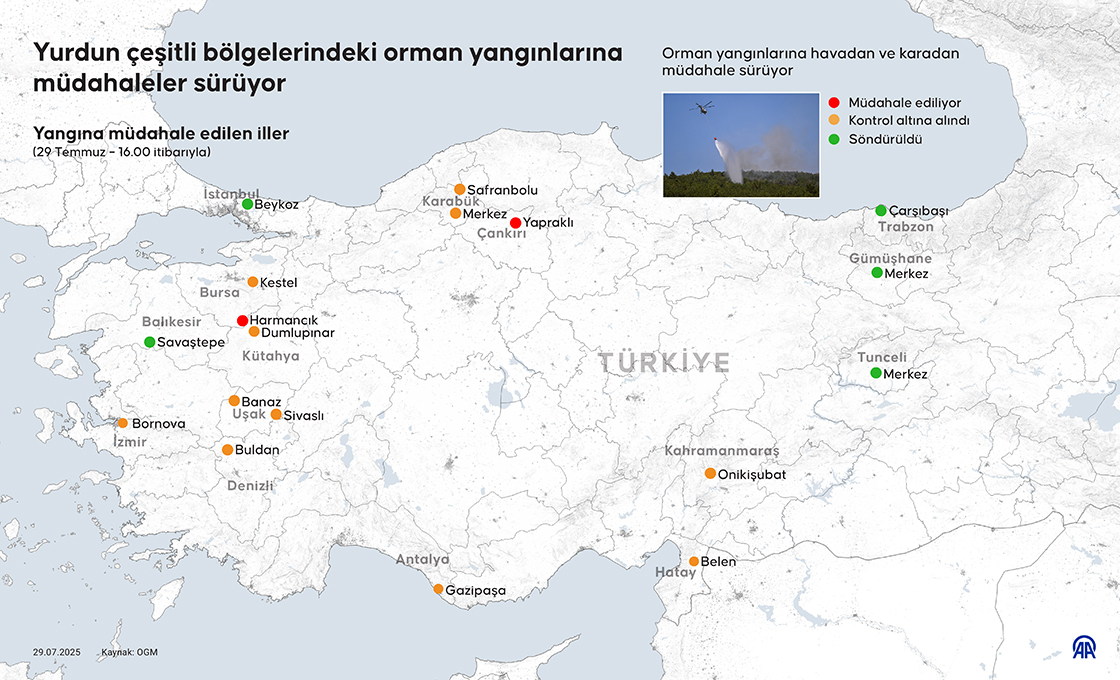 Yurdun çeşitli bölgelerindeki orman yangınlarına müdahaleler sürüyor