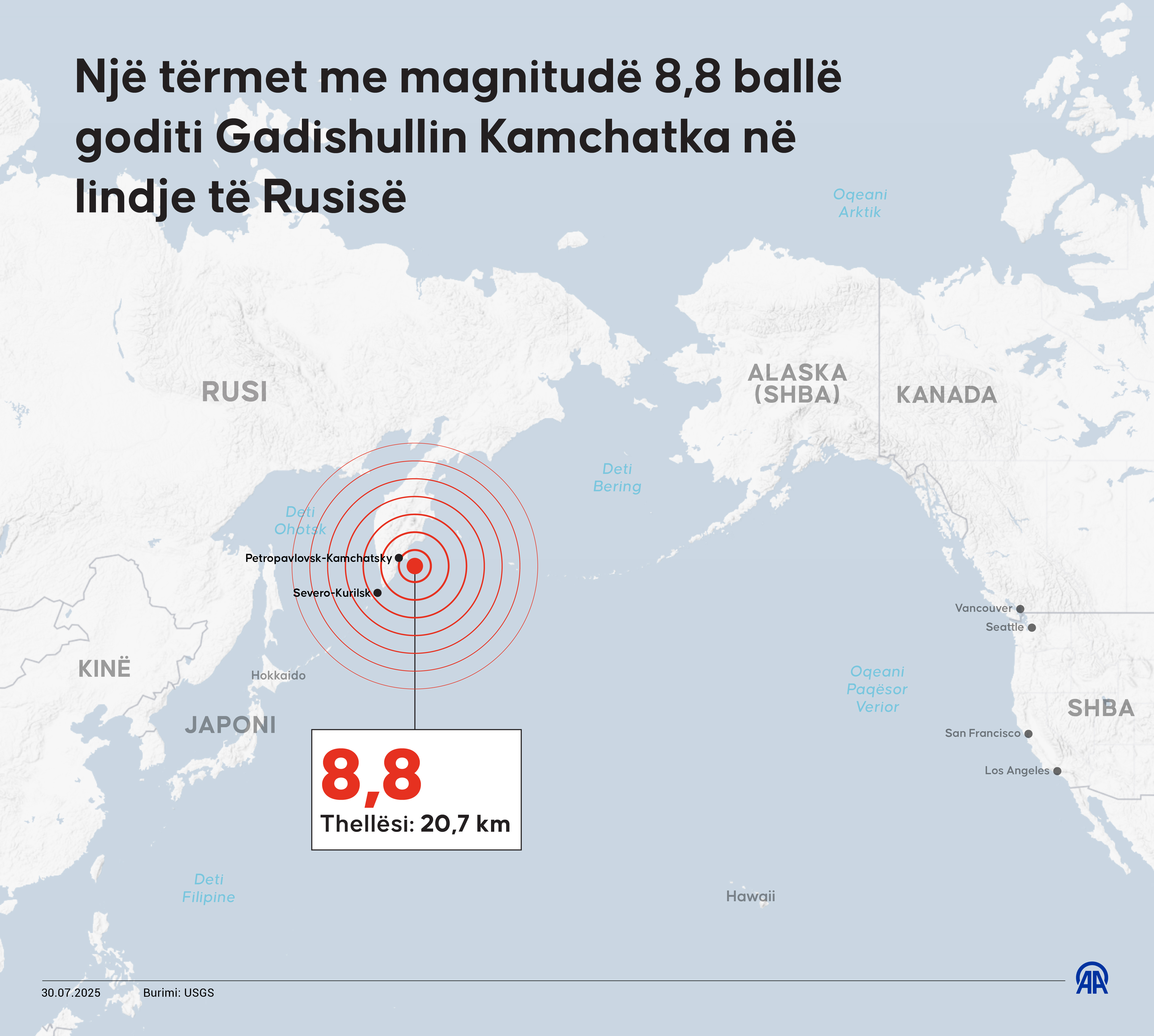 Një tërmet me magnitudë 8.8 ballë godet gadishullin Kamchatka të Rusisë