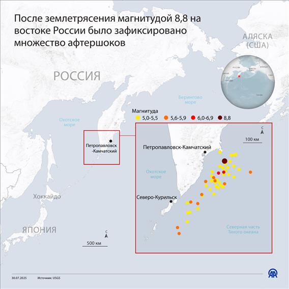 После землетрясения магнитудой 8,8 на востоке России было зафиксировано множество афтершоков