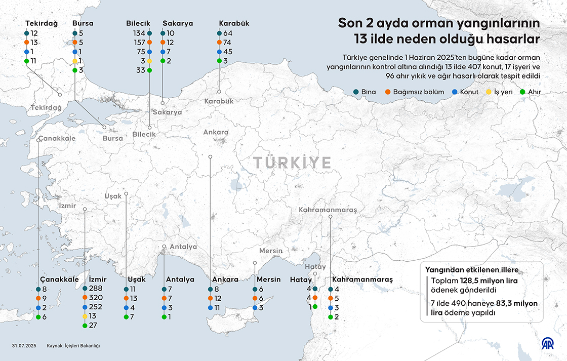 Son 2 ayda orman yangınlarının 13 ilde neden olduğu hasarlar