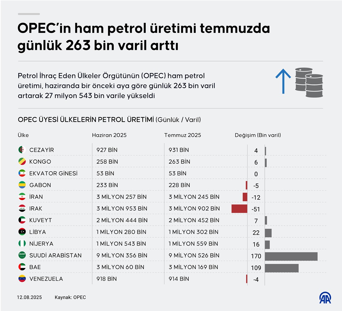 OPEC'in ham petrol üretimi temmuzda günlük 263 bin varil arttı