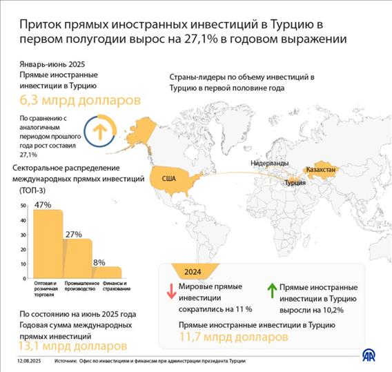 Приток прямых иностранных инвестиций в Турцию в первом полугодии вырос на 27,1% 