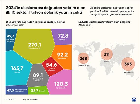 Uluslararası doğrudan yatırım alan ilk 10 sektör 2024'te 1 trilyon dolarlık yatırım çekti