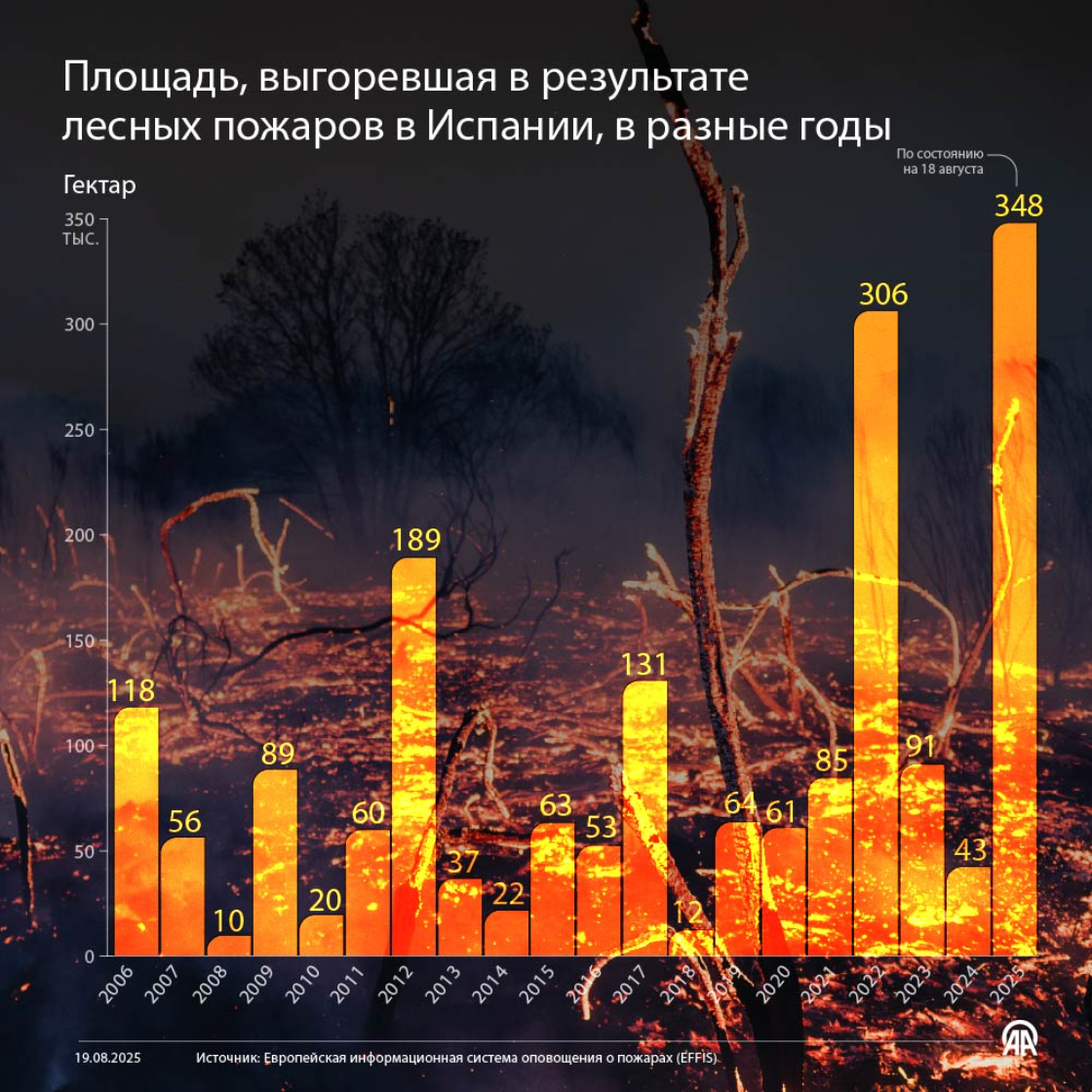 Площадь лесов, выгоревших в Испании в разные годы в результате пожаров