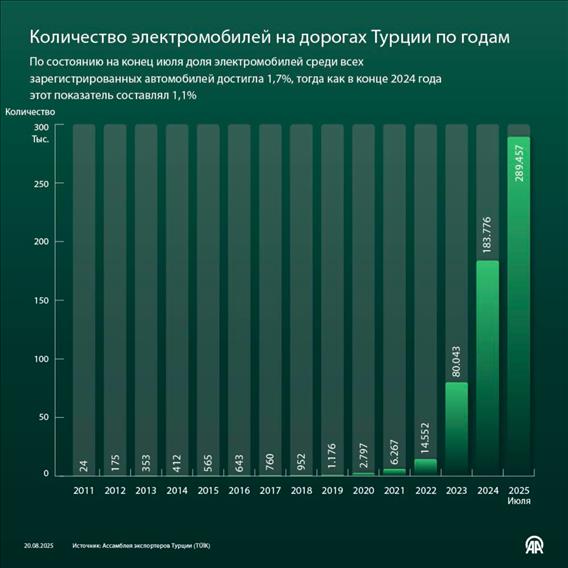 Количество электромобилей на дорогах Турции по годам