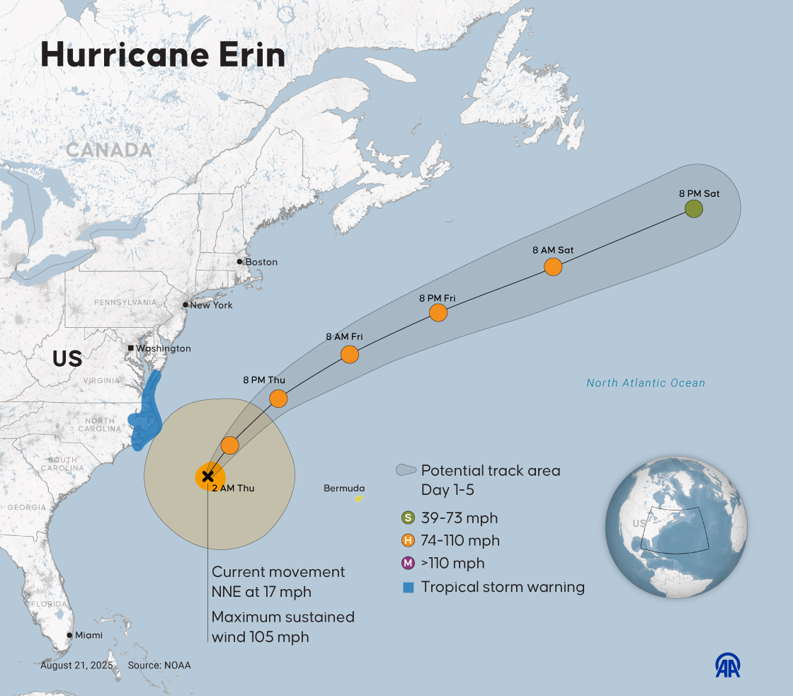Hurricane Erin batters East Coast with heavy rain and strong winds