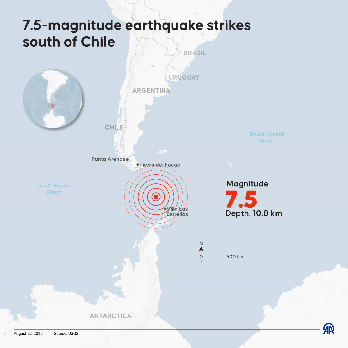 7.5-magnitude earthquake strikes south of Chile