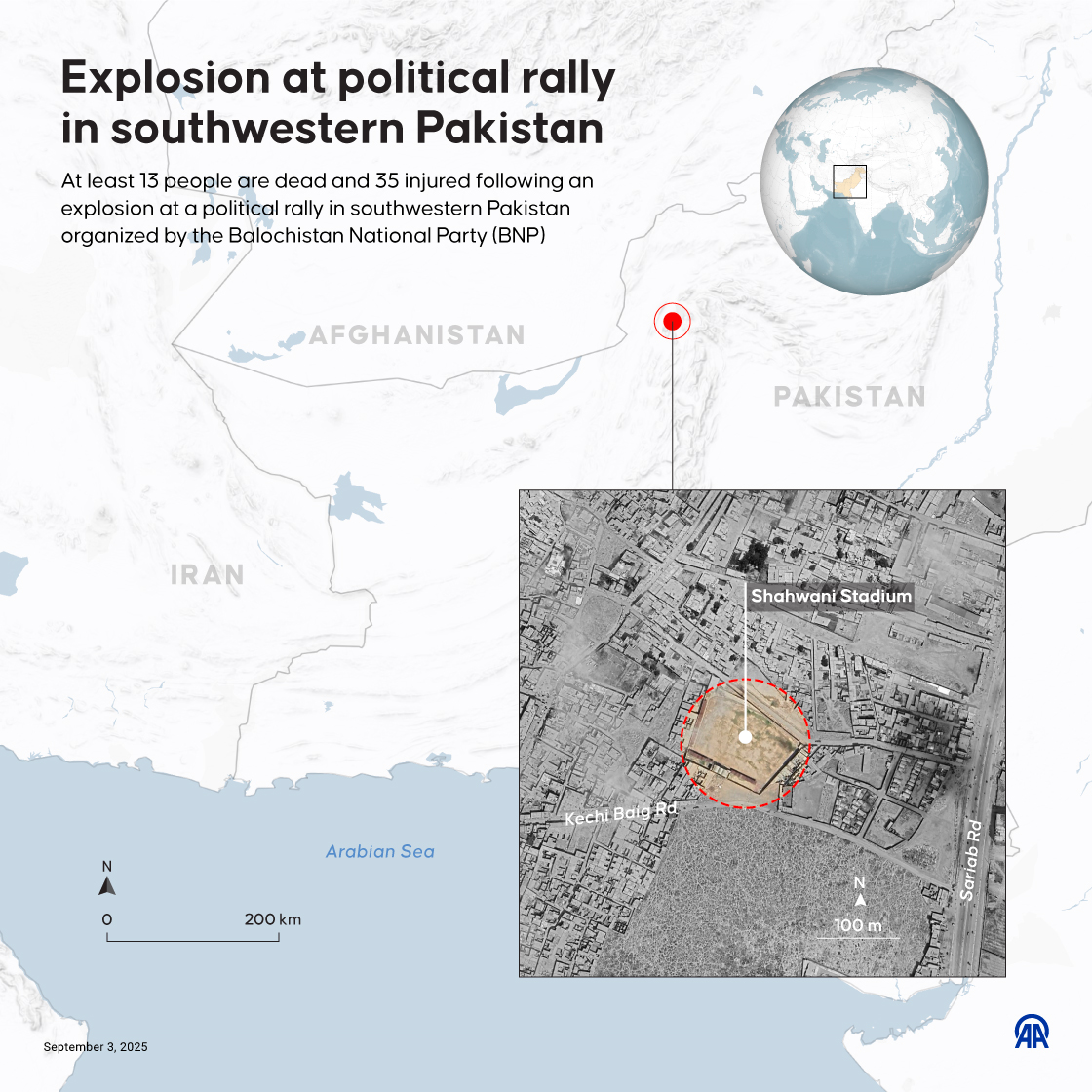 At least 13 people are dead and 35 injured following an explosion at a political rally in southwestern Pakistan organized by the Balochistan National Party