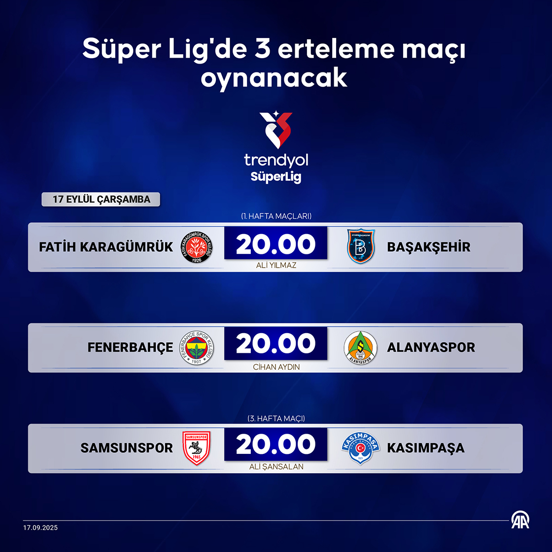 Süper Lig'de 3 erteleme maçı oynanacak