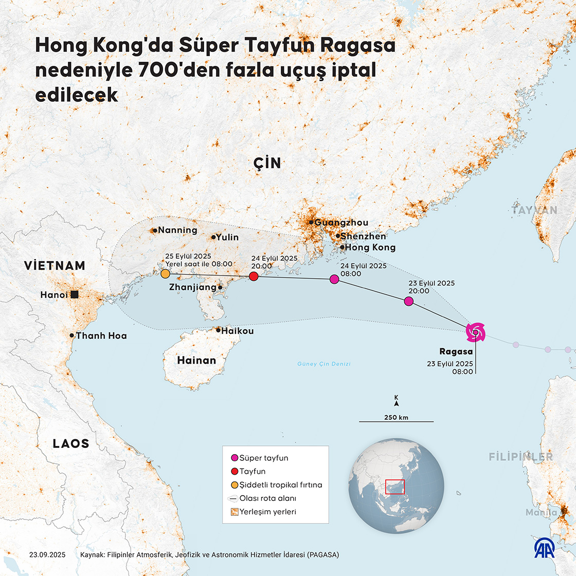Hong Kong'da Süper Tayfun Ragasa nedeniyle 700'den fazla uçuş iptal edilecek