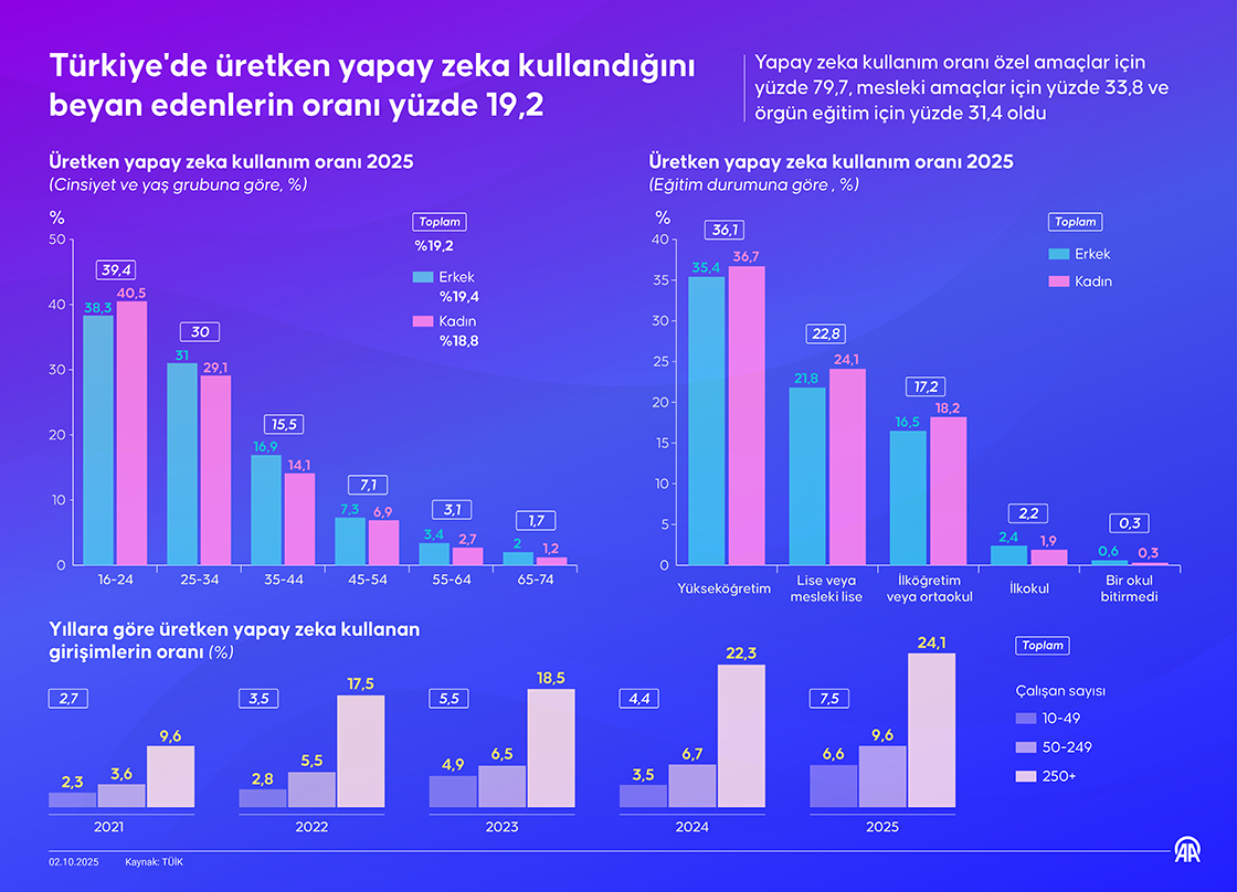 Türkiye'de üretken yapay zeka kullandığını beyan edenlerin oranı yüzde 19,2