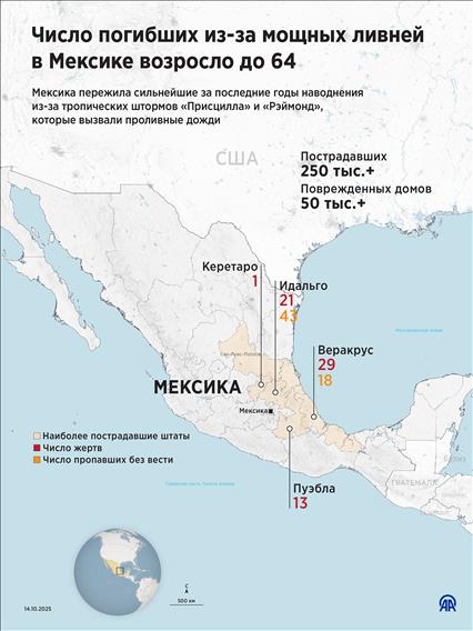 Число погибших из-за мощных ливней в Мексике возросло до 64