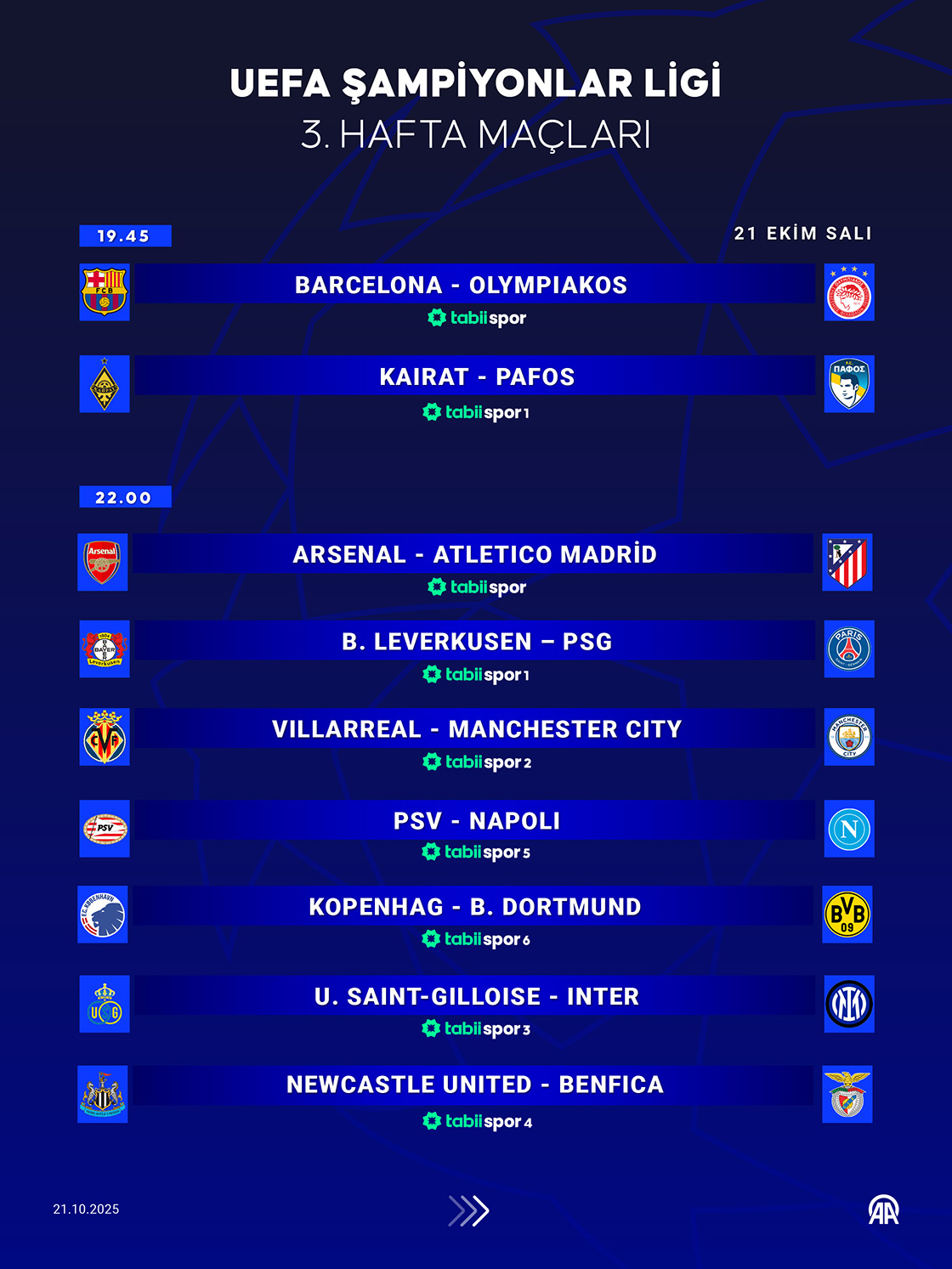 UEFA Şampiyonlar Ligi'nde 3. hafta maçları