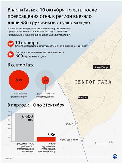 Власти Газы: с 10 октября, то есть после прекращения огня, в регион въехало всего 986 грузовиков с гумпомощью 