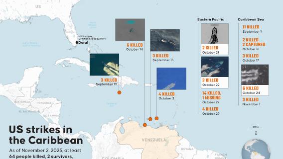 US airstrikes across Caribbean and Eastern Pacific killed at least 64 people since September