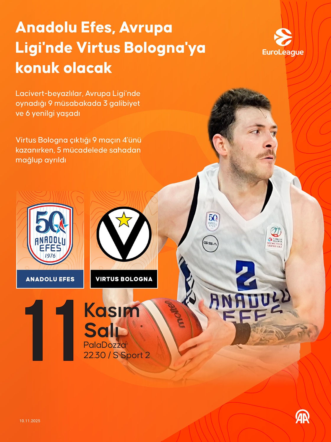 Anadolu Efes, Avrupa Ligi'nde Virtus Bologna'ya konuk olacak