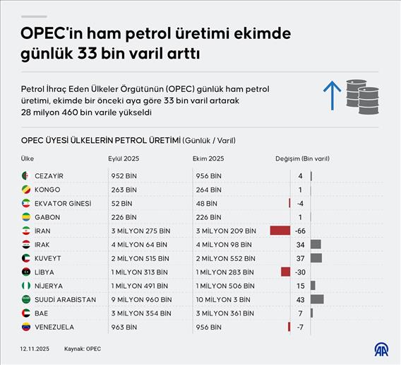 OPEC'in ham petrol üretimi ekimde günlük 33 bin varil arttı