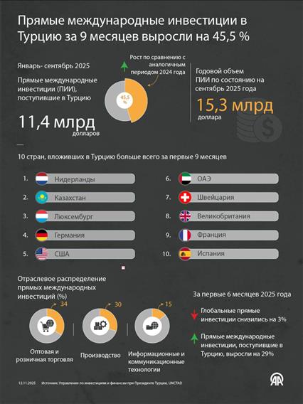 Прямые международные инвестиции в Турцию за 9 месяцев выросли на 45,5 %