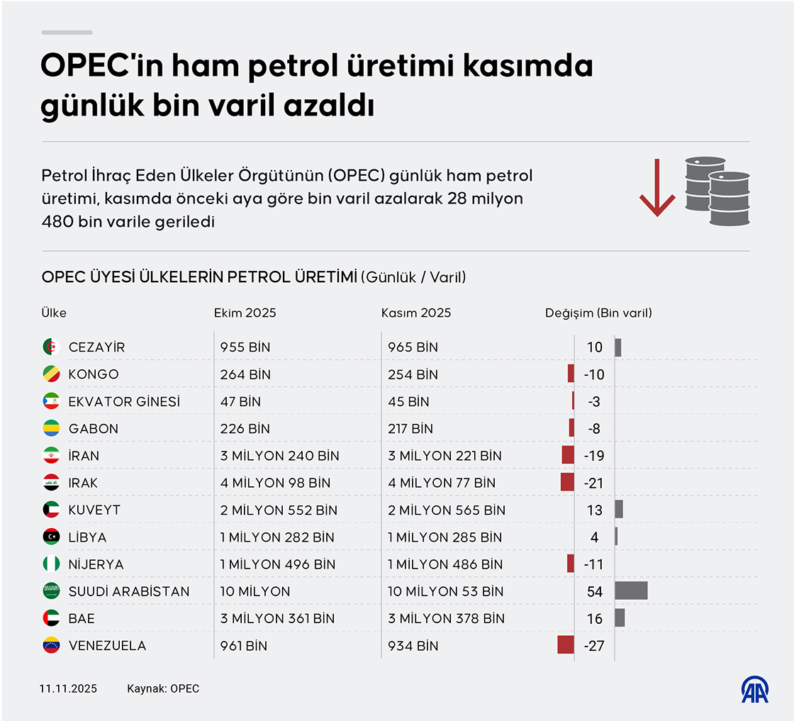 OPEC'in ham petrol üretimi kasımda günlük bin varil azaldı