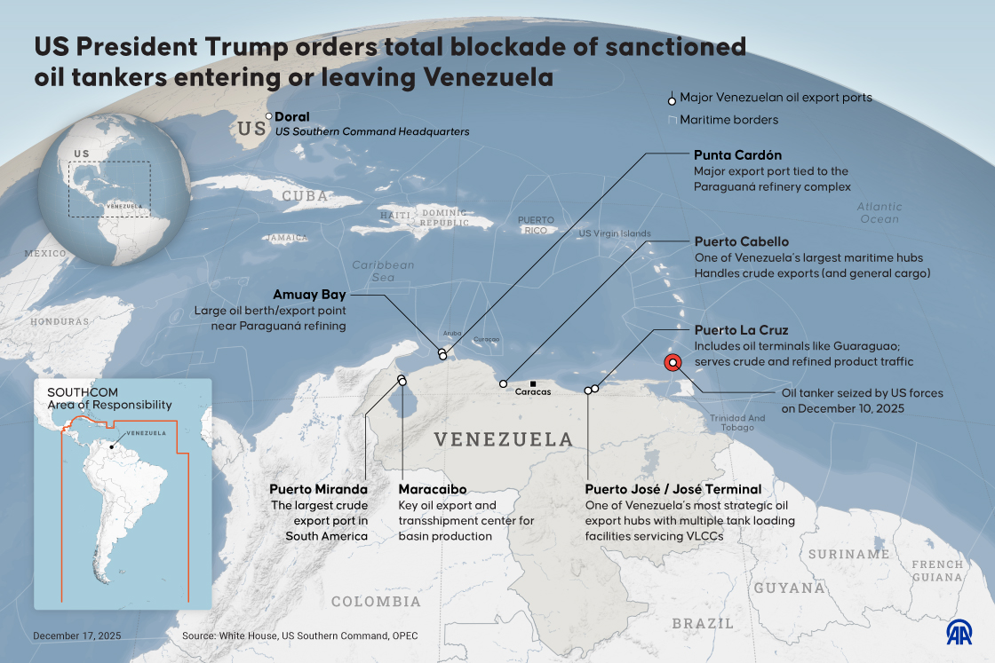 US President Trump orders total blockade of sanctioned oil tankers entering or leaving Venezuela