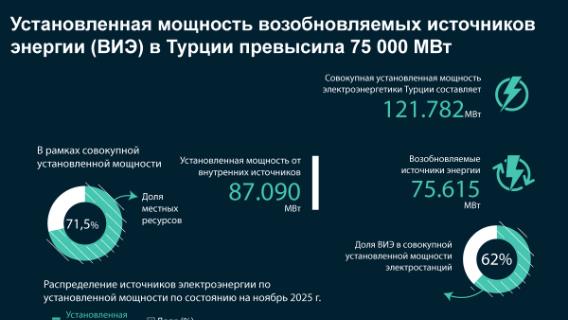 Установленная мощность возобновляемых источников энергии (ВИЭ) в Турции превысила 75 000 МВт