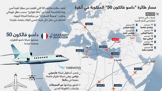 مسار طائرة "داسو فالكون 50" المنكوبة في أنقرة