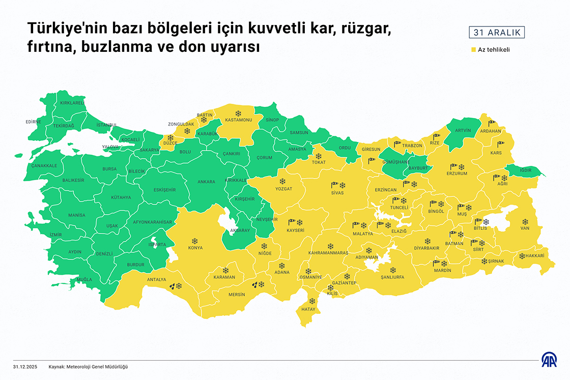 Türkiye'nin bazı bölgeleri için kuvvetli kar, rüzgar, fırtına, buzlanma ve don uyarısı