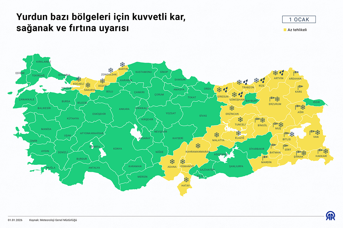 Yurdun bazı bölgeleri için kuvvetli kar, sağanak ve fırtına uyarısı