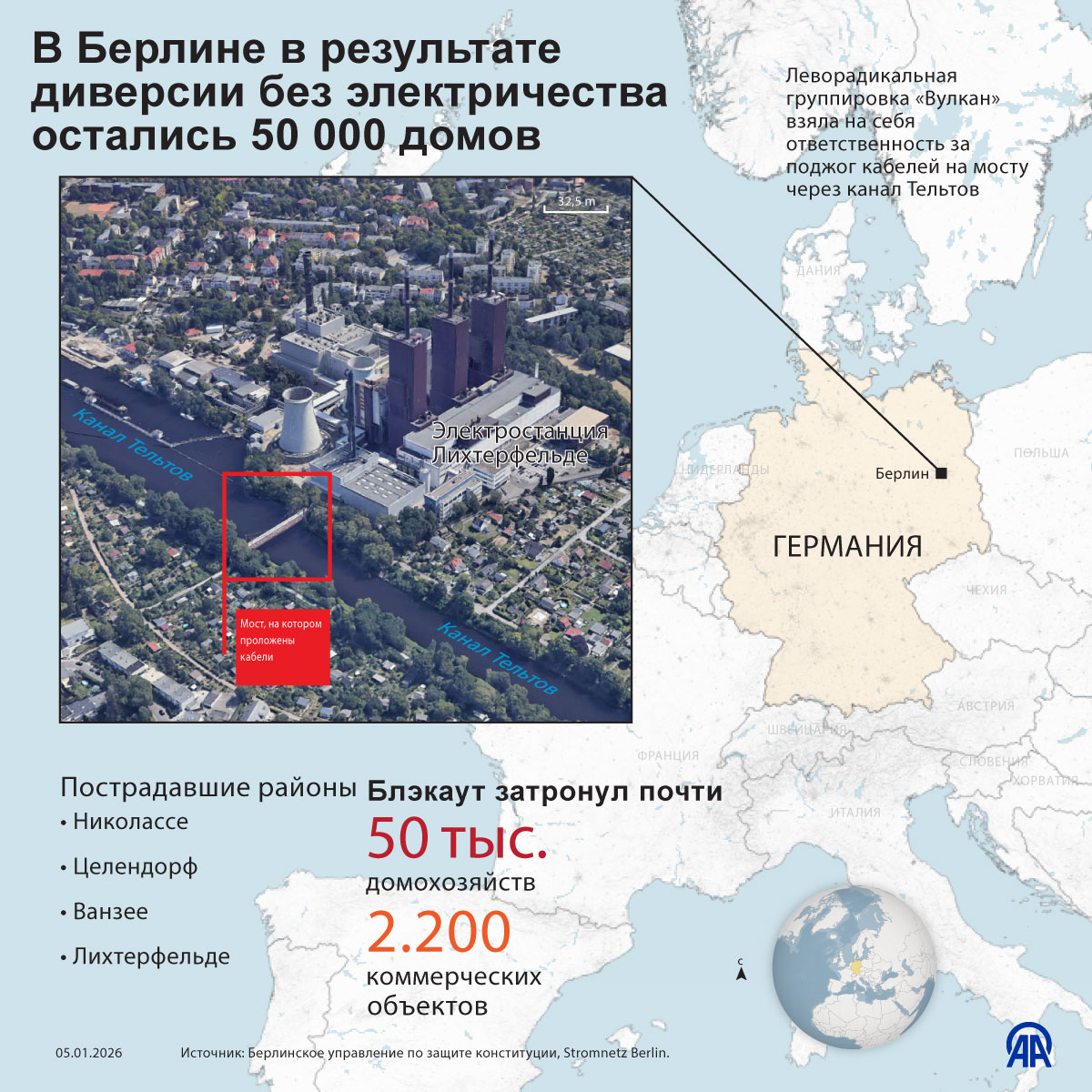В Берлине в результате диверсии без электричества остались 50 000 домов