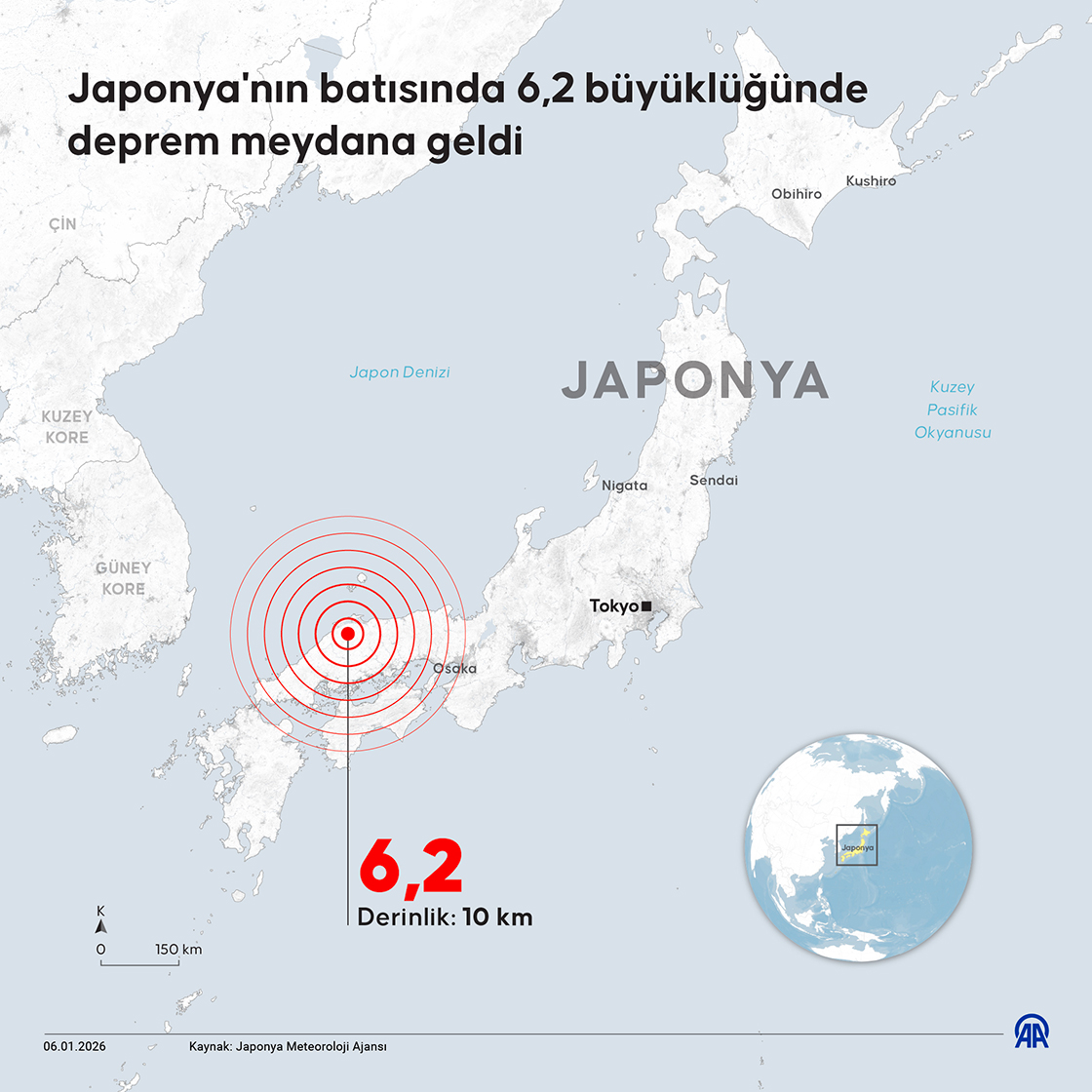 Japonya'nın batısında 6,2 büyüklüğünde deprem meydana geldi
