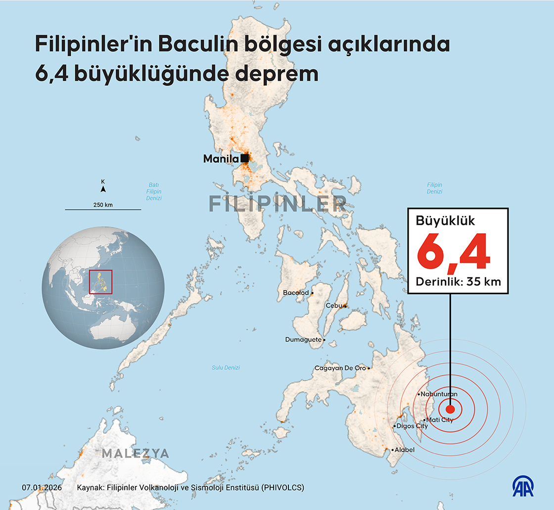 Filipinler'in Baculin bölgesi açıklarında 6,4 büyüklüğünde deprem