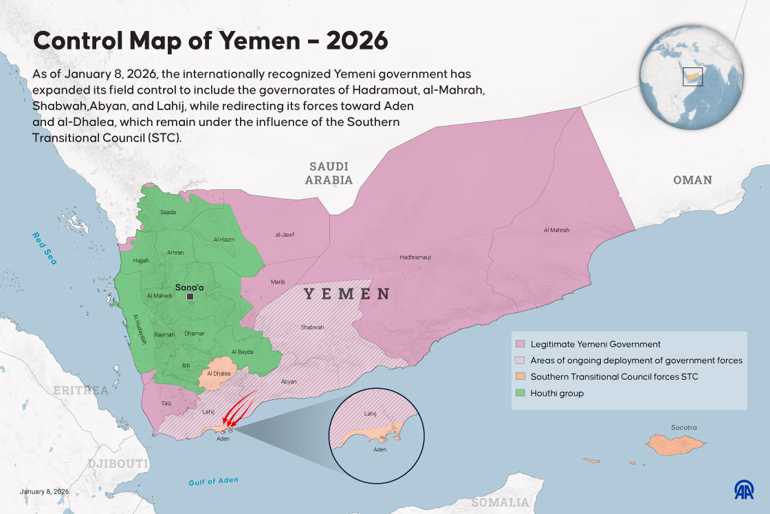 Control map in Yemen as of Jan. 8, 2026