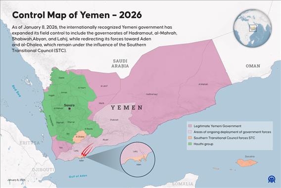 Control map in Yemen as of Jan. 8, 2026