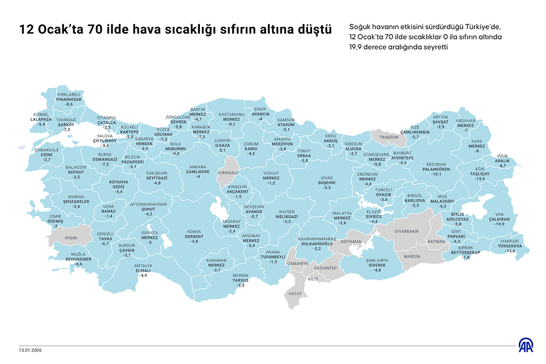 12 Ocak’ta 70 ilde hava sıcaklığı sıfırın altına düştü