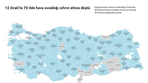 12 Ocak’ta 70 ilde hava sıcaklığı sıfırın altına düştü