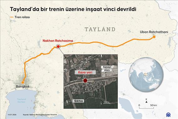 Tayland’da bir trenin üzerine inşaat vinci devrildi