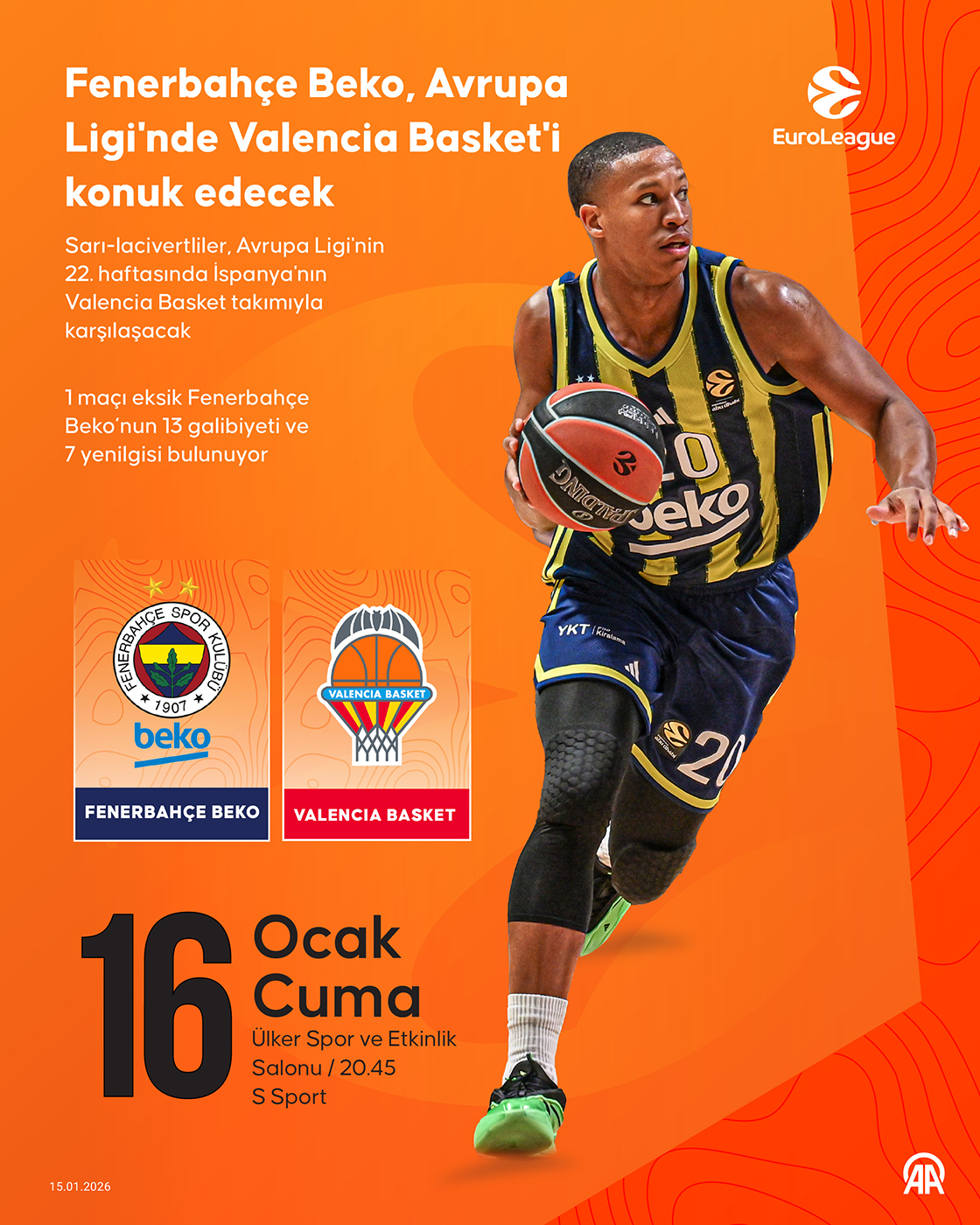Fenerbahçe Beko, Avrupa Ligi'nde Valencia Basket'i konuk edecek