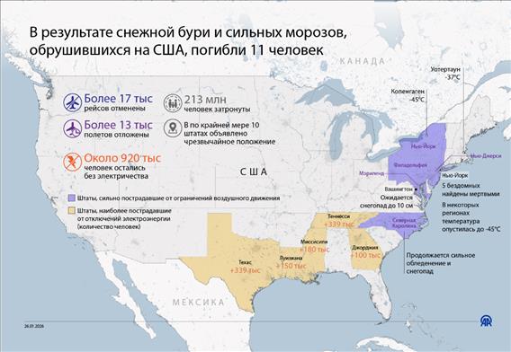 В результате снежной бури и сильных морозов, обрушившихся на США, погибли 11 человек 