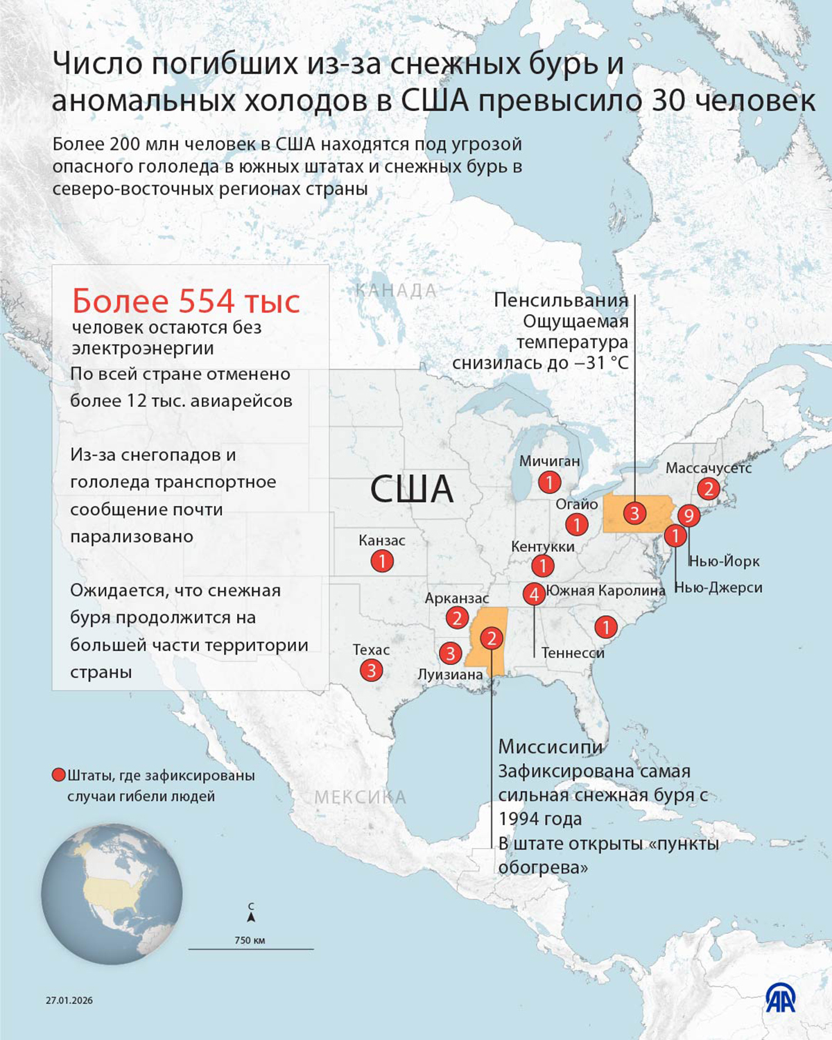 Число погибших из-за снежных бурь и аномальных холодов в США превысило 30 человек