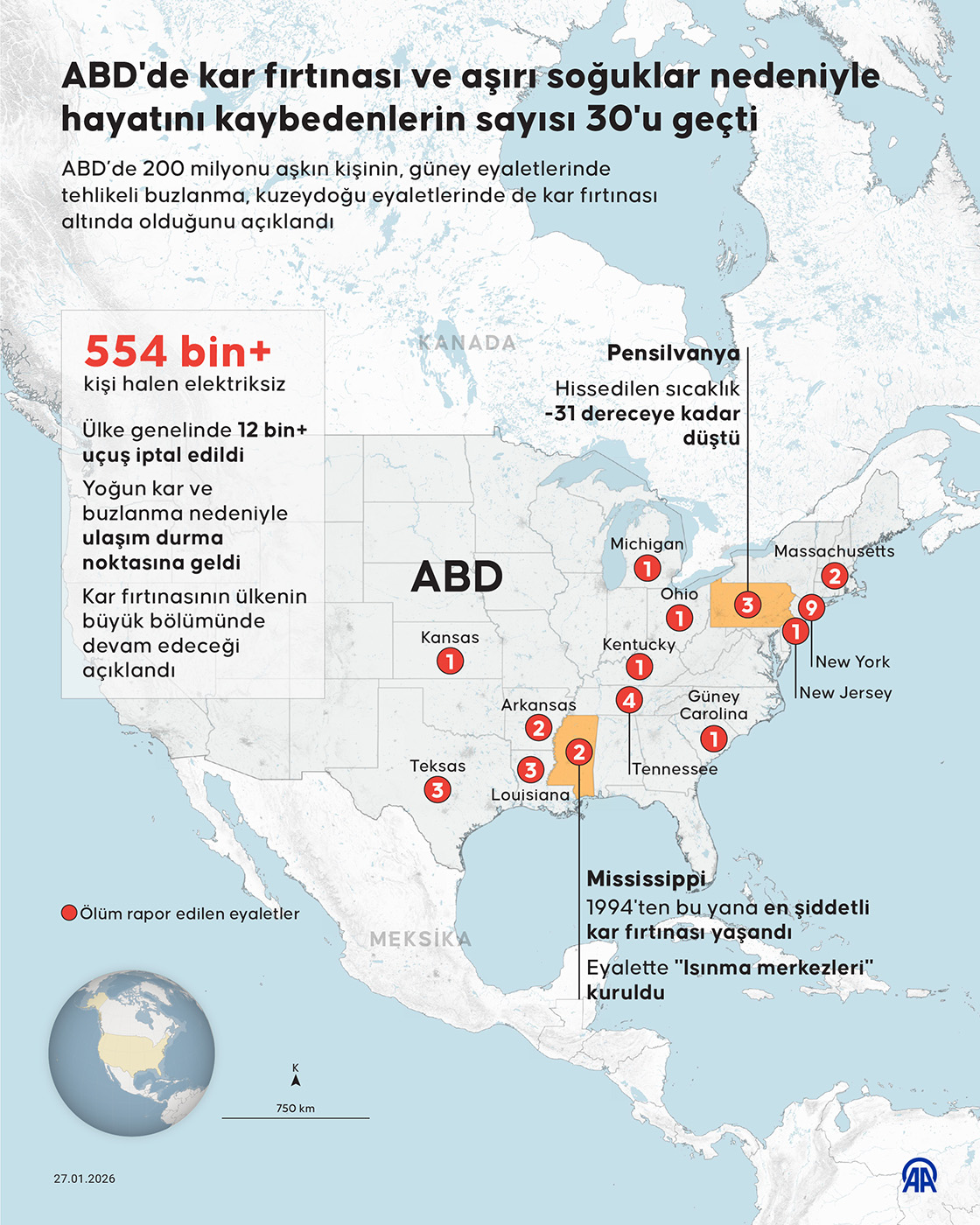 ABD'de kar fırtınası ve aşırı soğuklar nedeniyle hayatını kaybedenlerin sayısı 30'u geçti