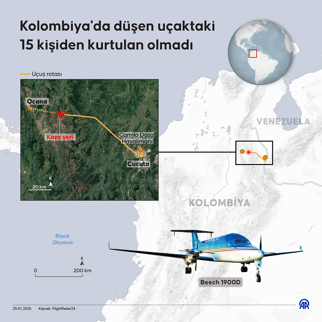 Kolombiya'da düşen uçaktaki 15 kişiden kurtulan olmadı