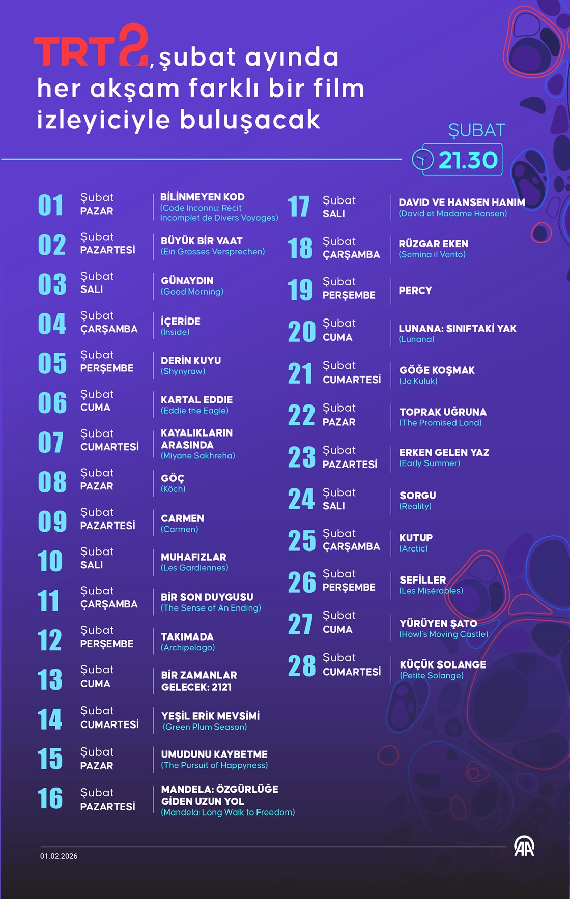 TRT2, şubat ayında her akşam farklı bir film izleyiciyle buluşacak