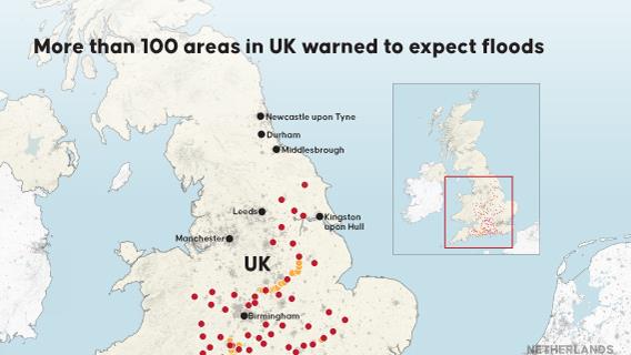 More than 100 areas in the UK warned to expect flooding