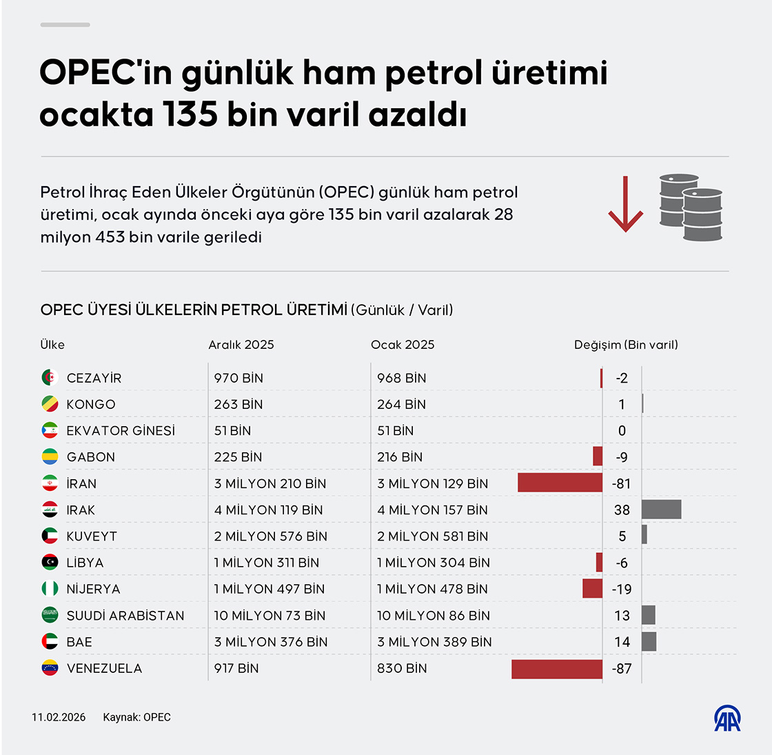 OPEC'in günlük ham petrol üretimi ocakta 135 bin varil azaldı
