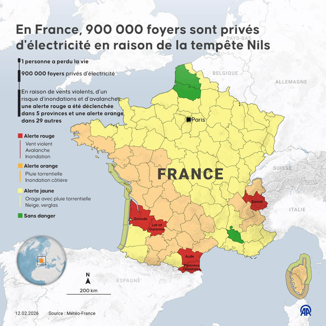 Tempête Nils : 1 mort, 900 000 foyers privés d’électricité