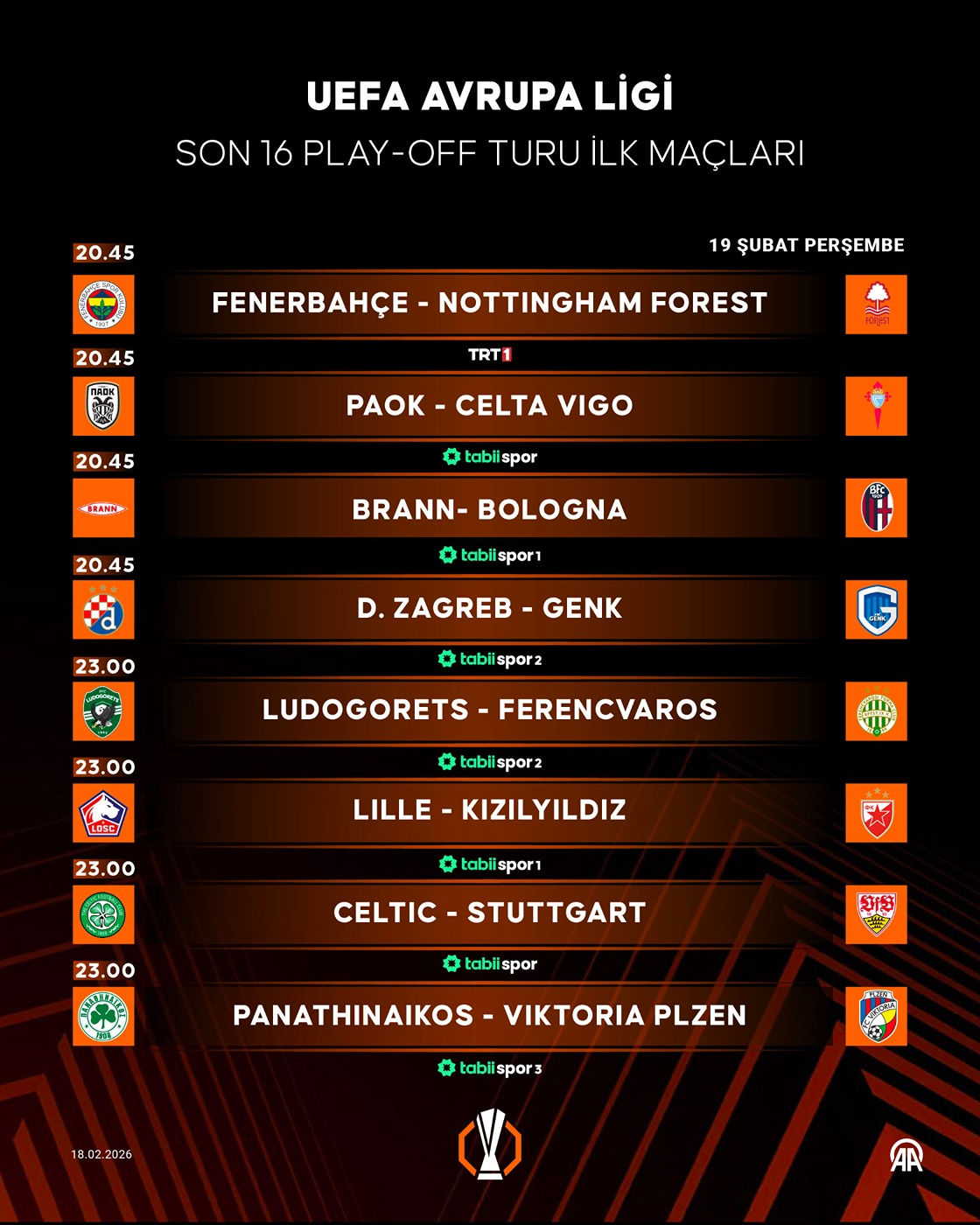 UEFA Avrupa Ligi son 16 play-off turu ilk maçları programı