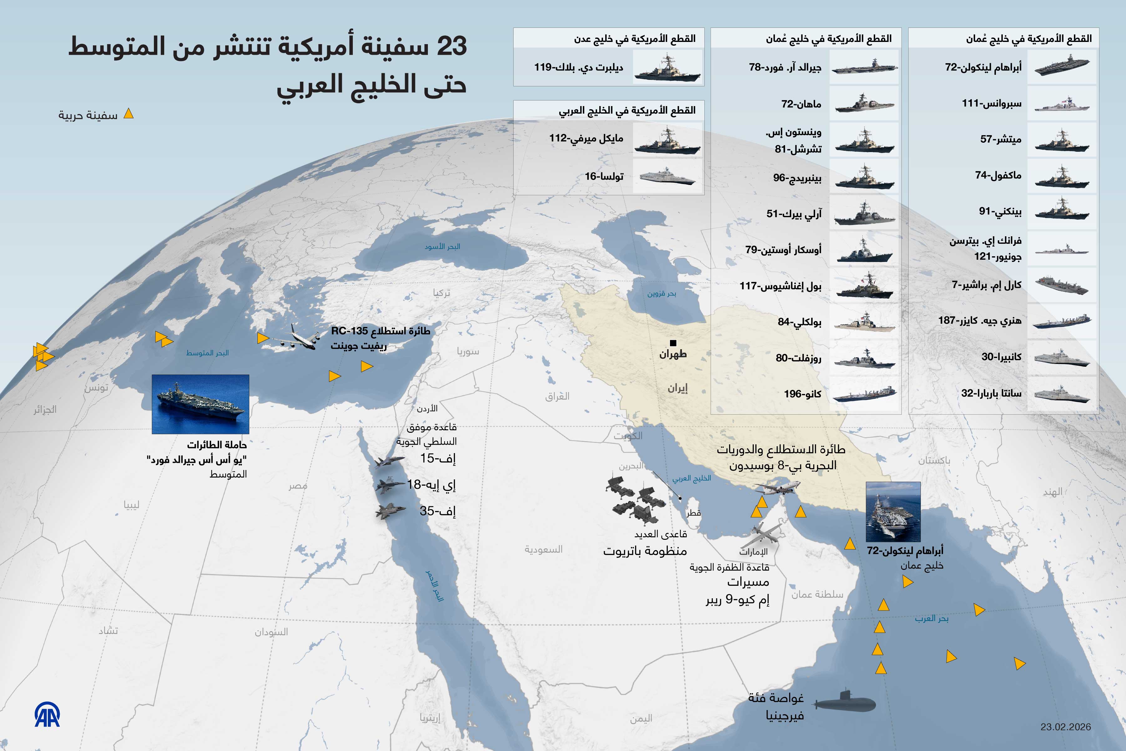 23 سفينة أمريكية تنتشر من المتوسط حتى الخليج العربي