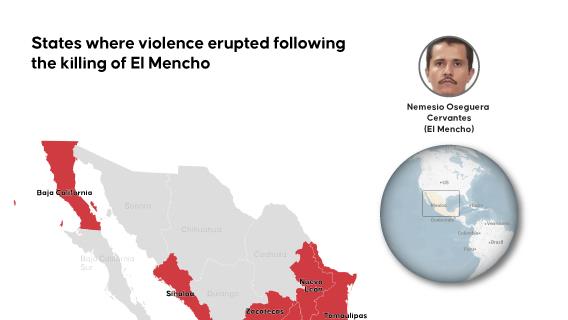 States where violence erupted following the killing of El Mencho