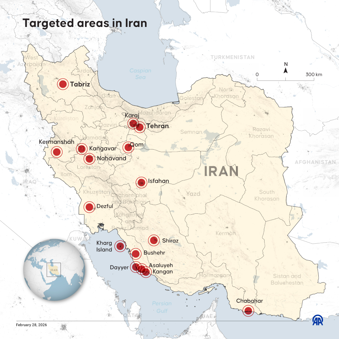 Targeted areas in Iran